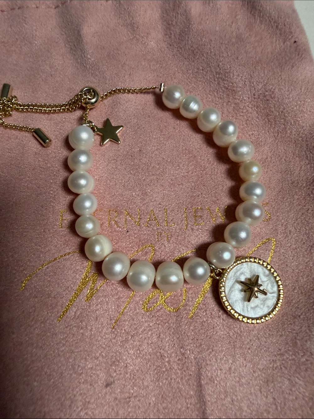 Semi-precious white Pearls Beaded Bracelet/Star/Compass Charms adjustable